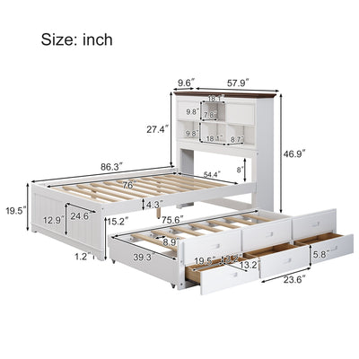 Solid Pine Captain Bookcase Bed with Trundle Bed and 3 Spacious Under Bed Drawers in Casual,Full, White+Walnut - Korvel