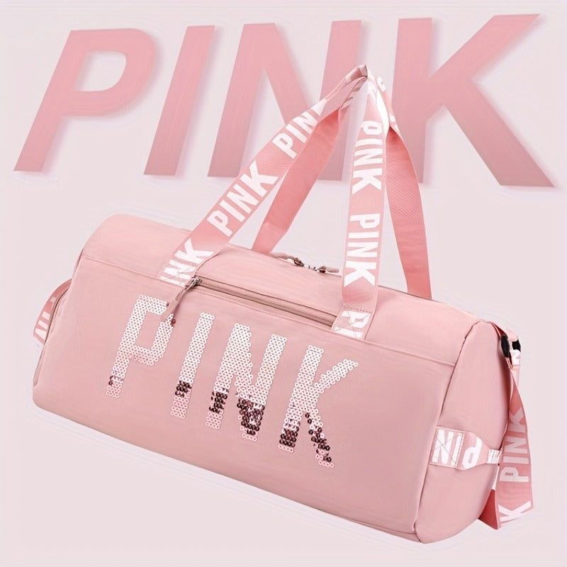 New fitness bag, shoe compartment, dry wet separation bag, sports travel bag, shiny pink letter single shoulder crossbody bag - Korvel