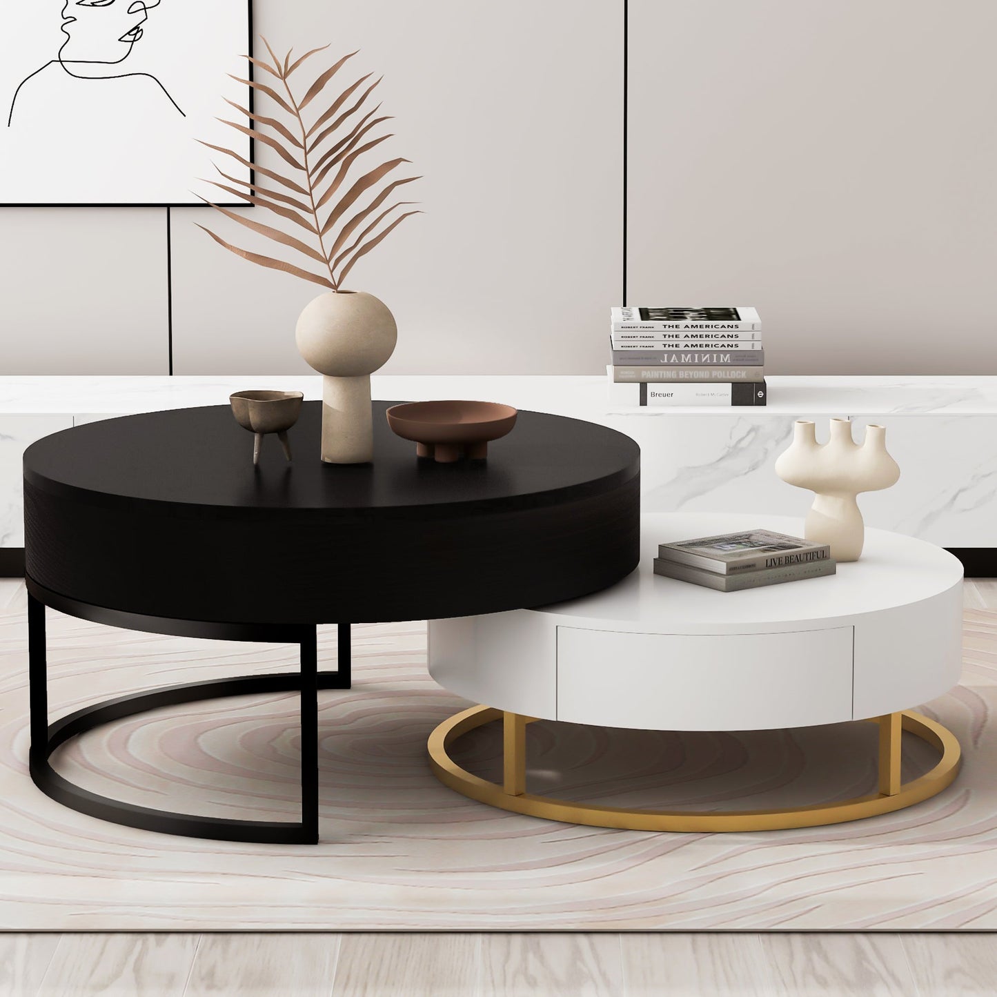 Tables basses empilables rondes modernes avec plateau relevable et tiroirs