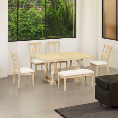 Traditional 6-Piece 78inch Trestle Extendable Dining Table Set with One 18inch Removable Leaf Padded Dining Chairs Bench,Natural - Korvel