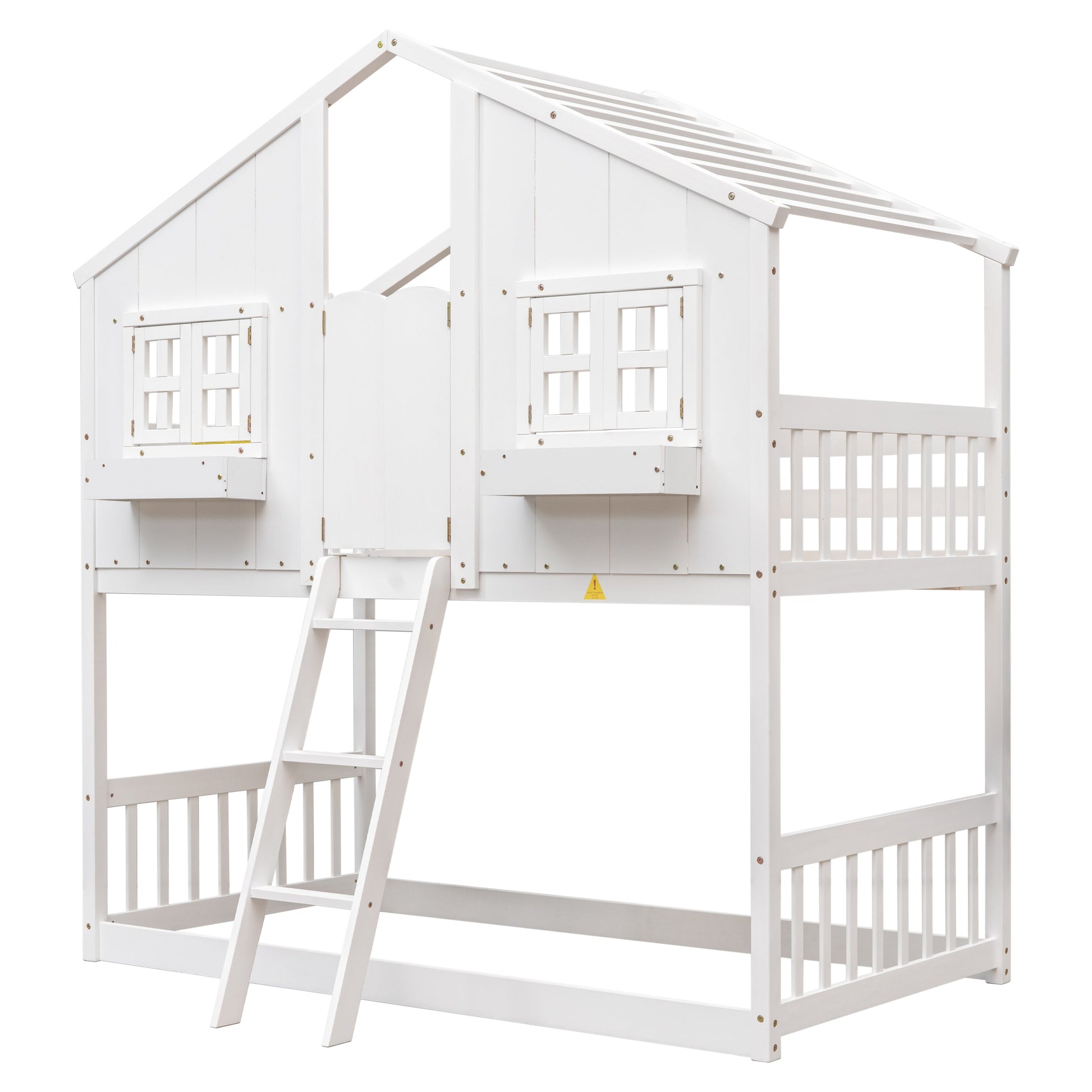Twin over Twin House Bunk Bed with Roof , Window, Window Box, Door , with Safety Guardrails and Ladder,White - Korvel