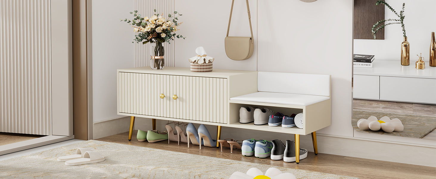 Modern Shoe Storage Bench with Hidden Storage and Upholstered Cushions for Bedside, Living Room and Entryway ((Antique White) - Korvel