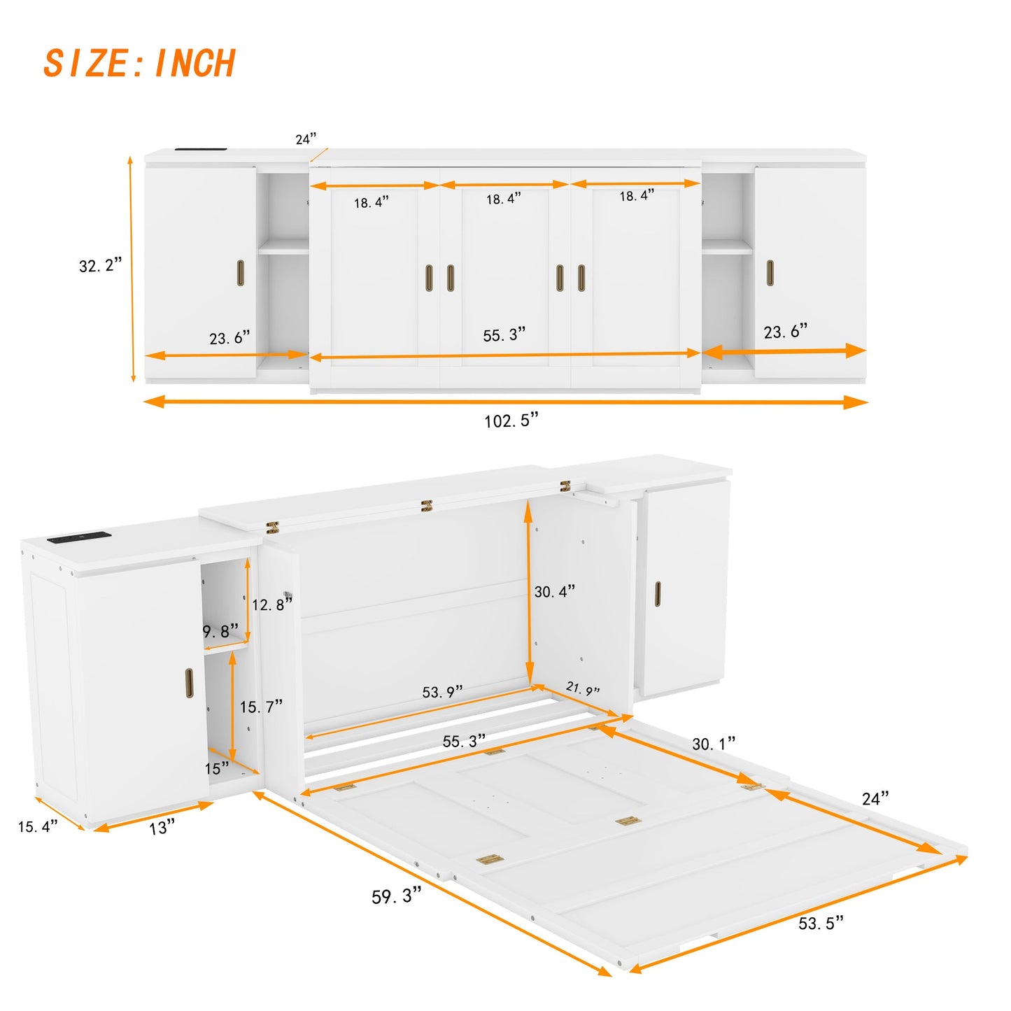 Full Size Murphy Bed with Shelves and USB Ports - White