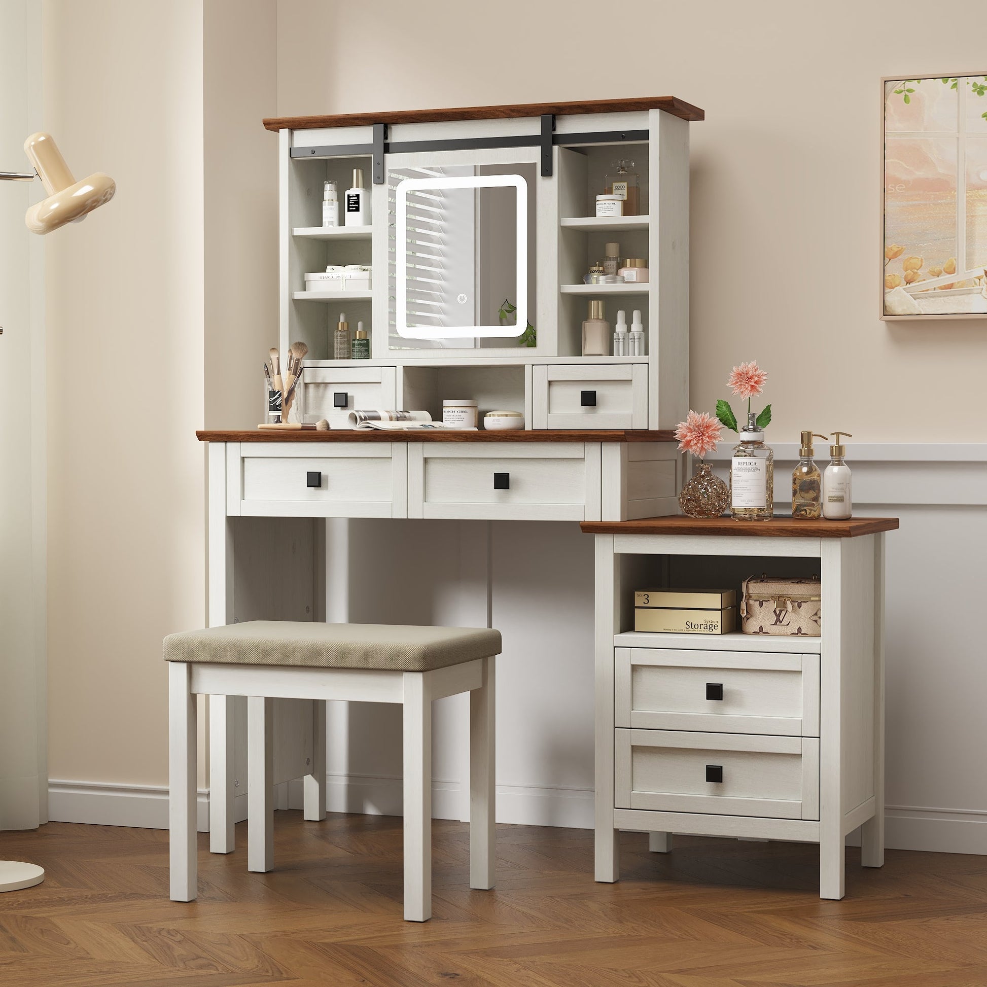 46.5-inch dressing table with adjustable LED lighting mirror and charging station, equipped with soft cushioned stool - Korvel