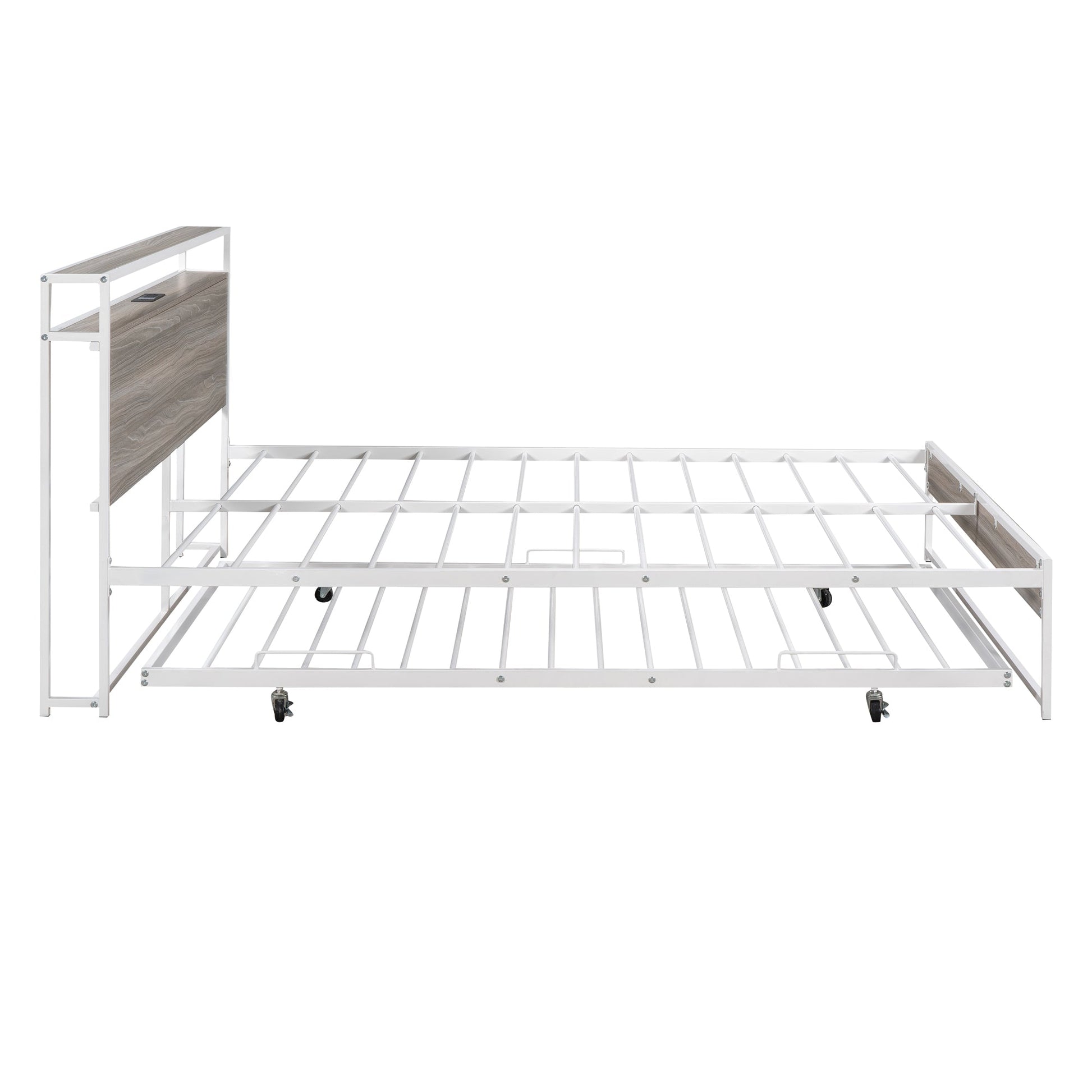 Queen Size Metal Platform Bed Frame with Trundle, USB Ports and Slat Support ,No Box Spring Needed White - Korvel