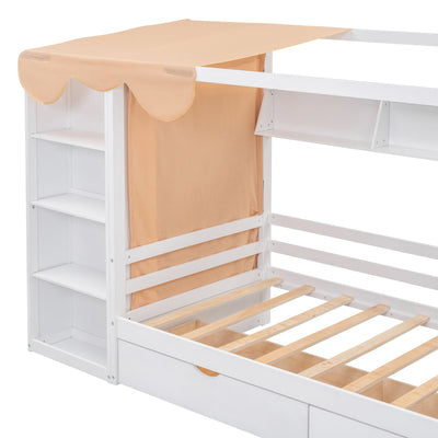Twin Size House Bed with Two Drawers and Wardrobe - White