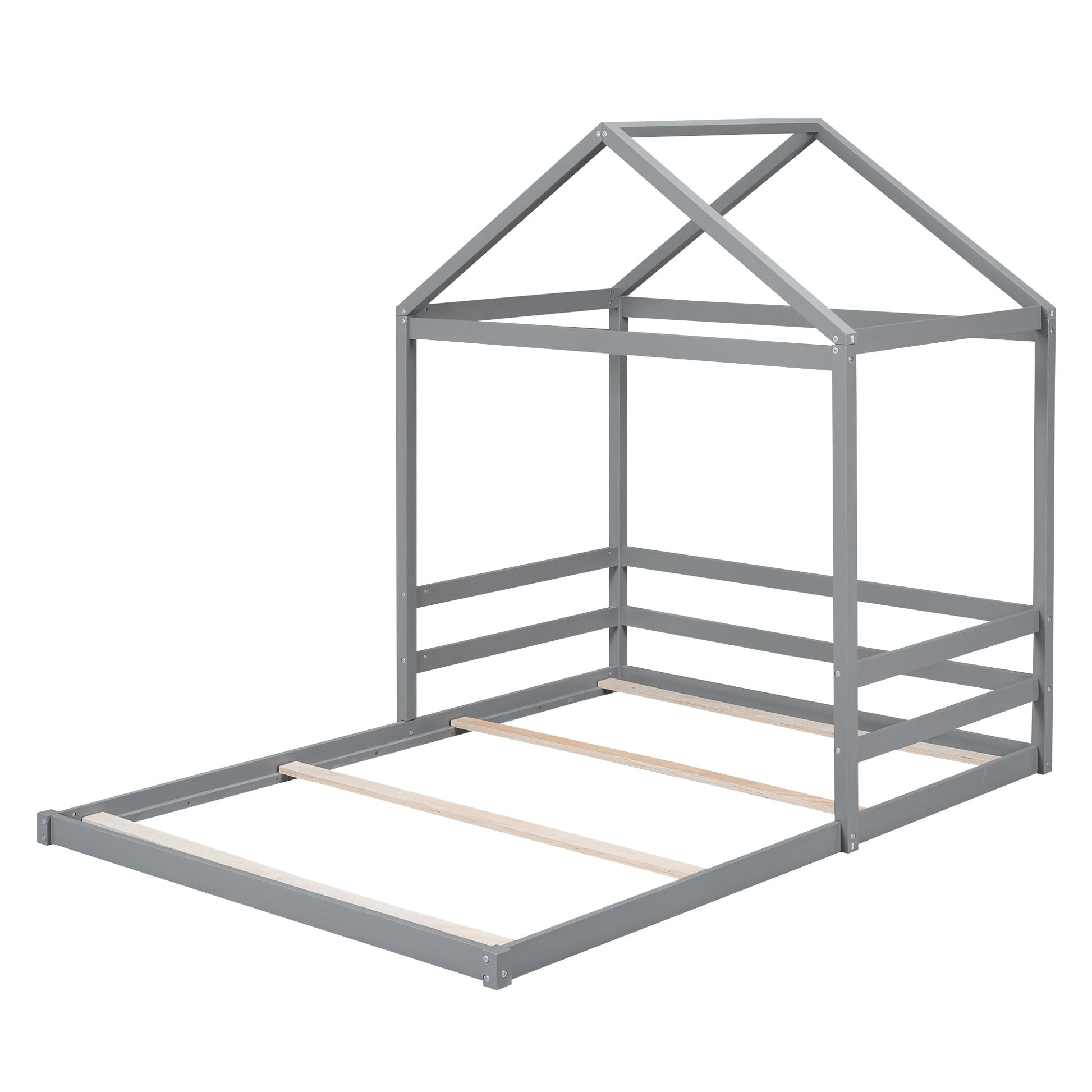 Wood Full Size House Bed with Guardrail, Grey - Korvel