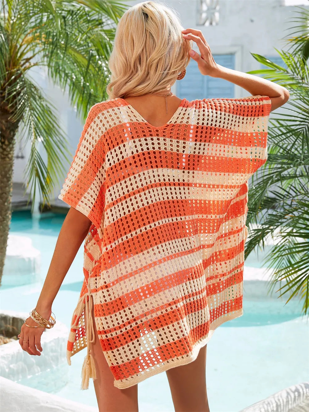 Tassel Openwork Striped V-Neck Cover Up - Korvel