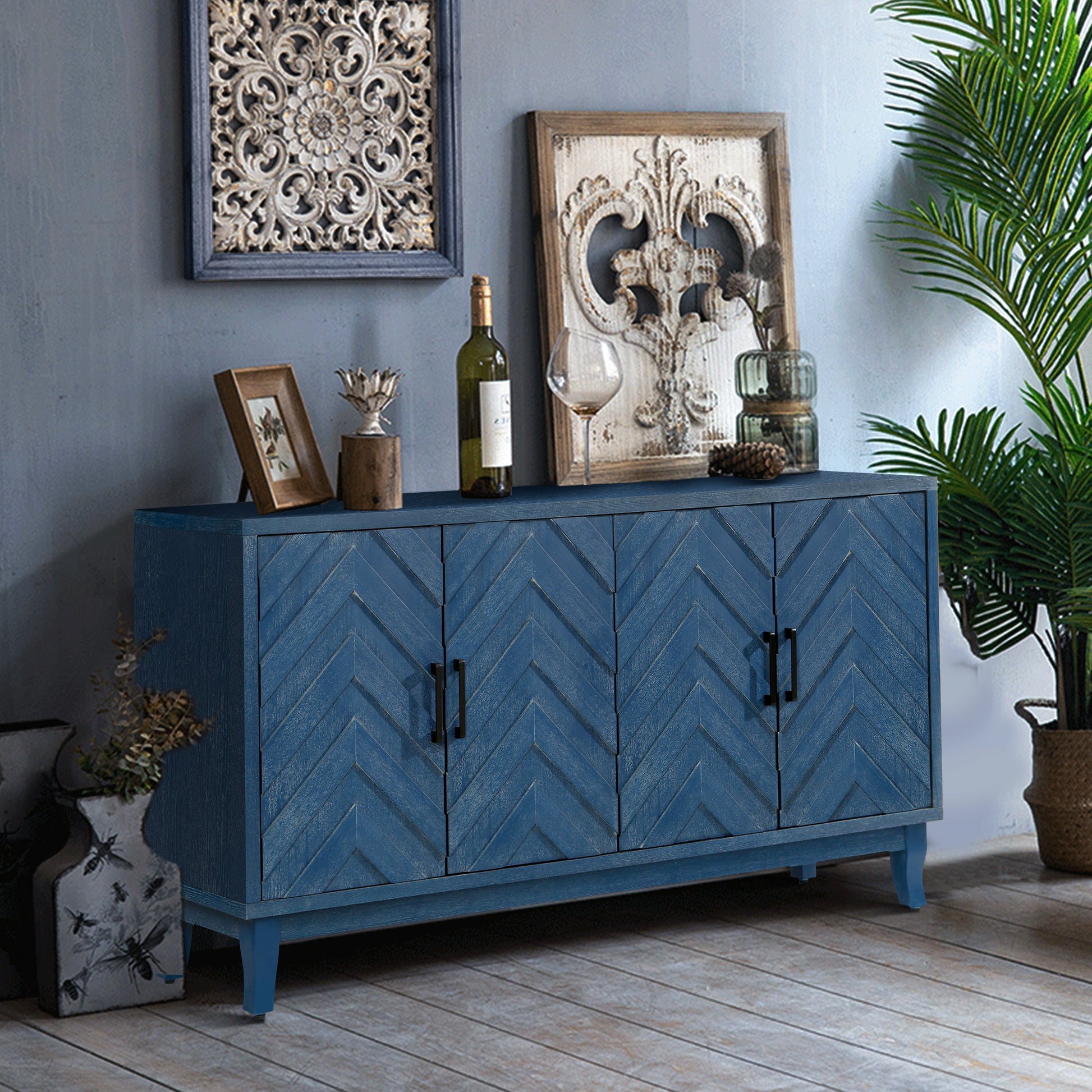 Stronger Vintage Style Buffet Cabinet Lacquered Accent Storage 4 Door Wooden - Korvel