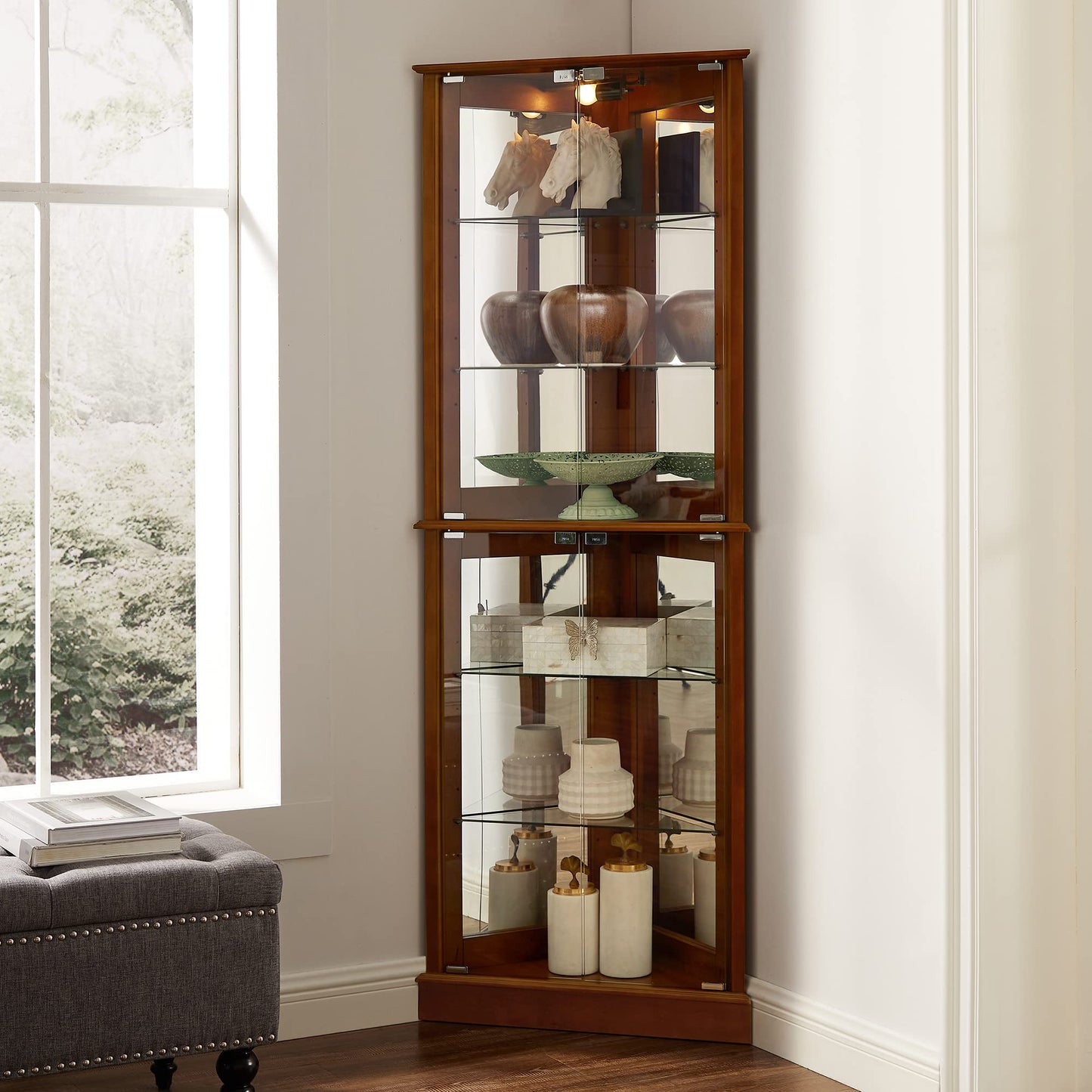 Corner Curio Dispaly Cabinet with Lights, Adjustable Tempered Glass Shelves, Mirrored Back,Walnut(E26 light bulb not included) - Korvel