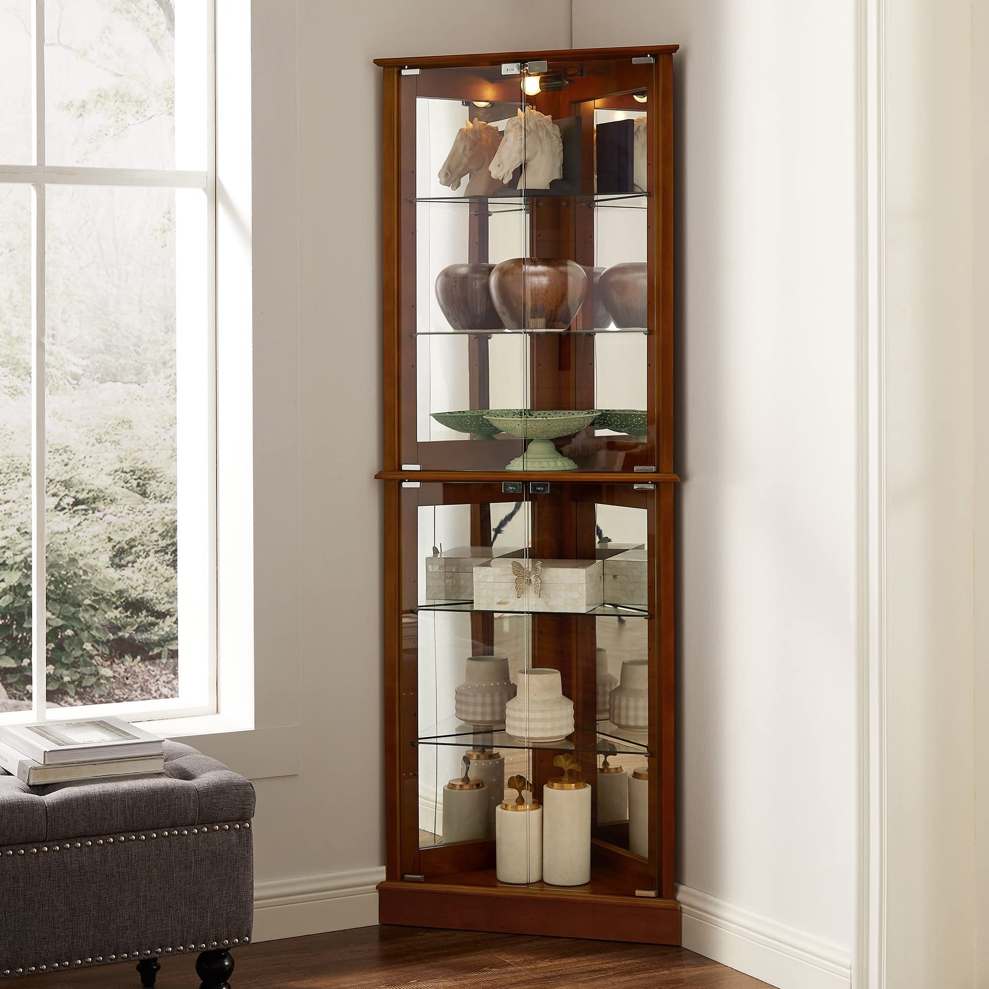 Corner Curio Dispaly Cabinet with Lights, Adjustable Tempered Glass Shelves, Mirrored Back,Walnut(E26 light bulb not included) - Korvel