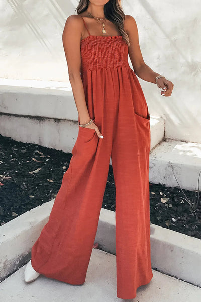 Smocked Spaghetti Strap Wide Leg Jumpsuit - Korvel