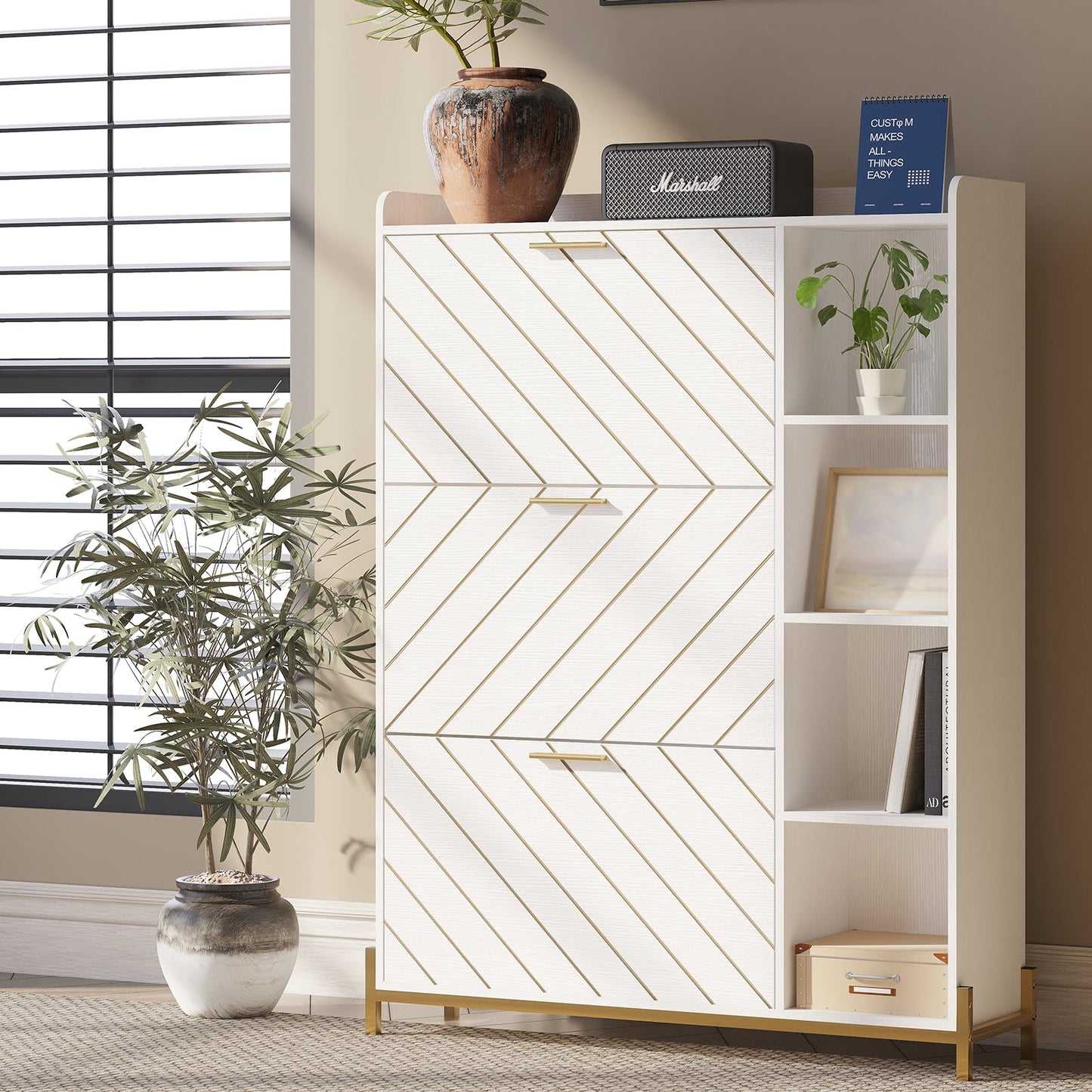 Shoe Cabinet with 3 Flip Drawers & Open Shelves, Modern Entryway Shoe Storage Cabinet Slim, Narrow Hidden Shoe Rack for Heels - Korvel