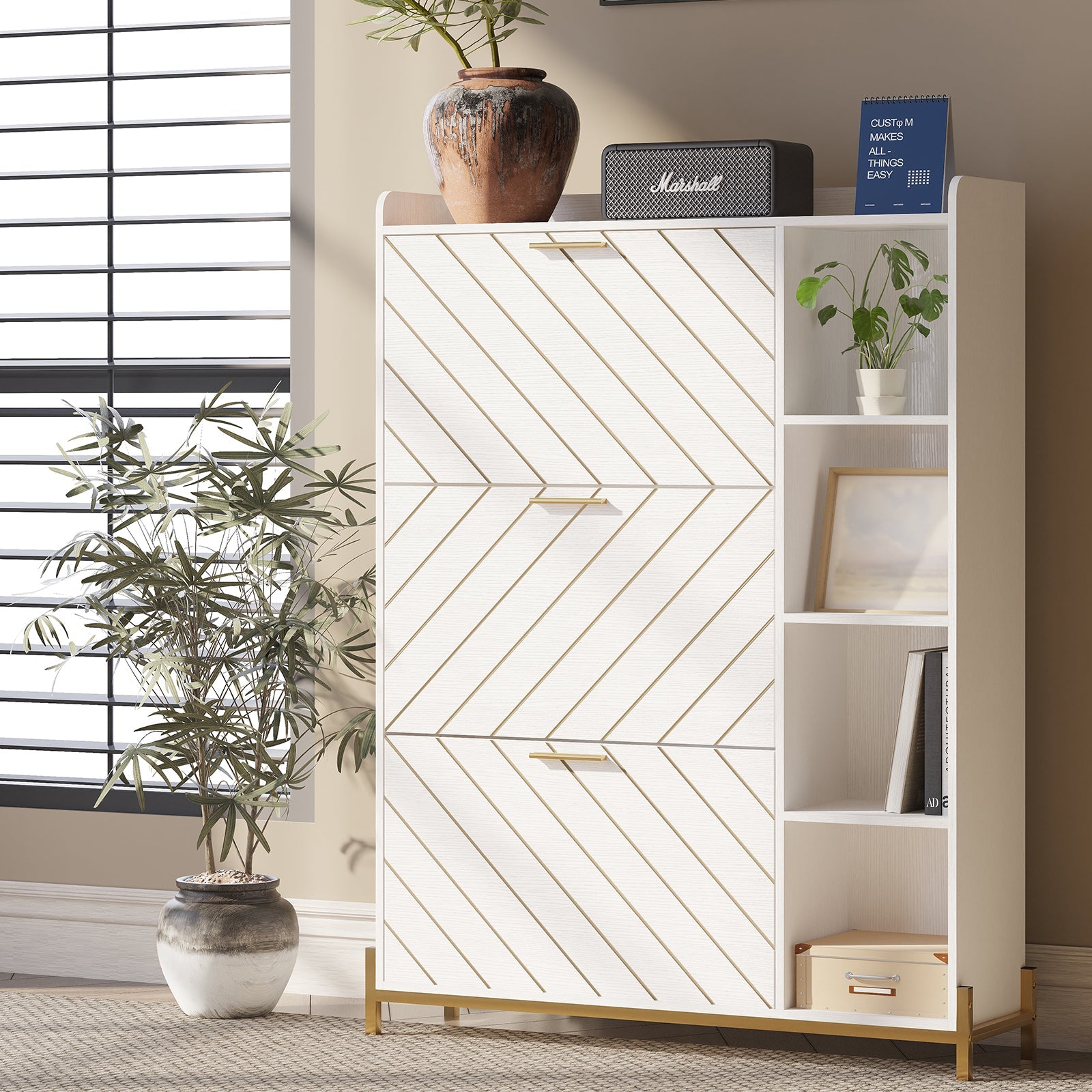 Shoe Cabinet with 3 Flip Drawers & Open Shelves, Modern Entryway Shoe Storage Cabinet Slim, Narrow Hidden Shoe Rack for Heels - Korvel