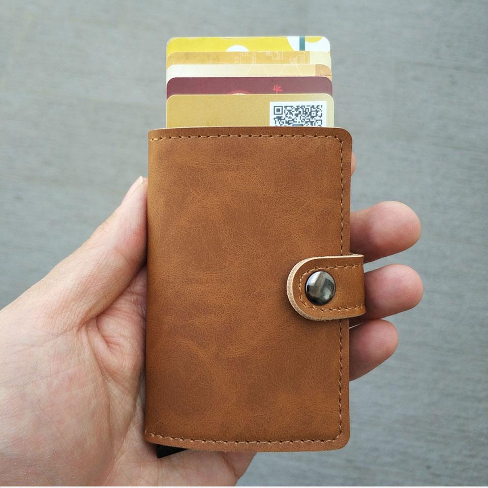 RFID Protected Vintage Automatic Leather Credit Card Holder Men Aluminum Alloy Hasp Business ID Multifunction Cardholder Wallet - Korvel