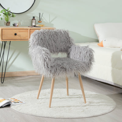 GREY Faux Fur Upholstered Make up chair Side Dining Chair with Metal Leg(GREY+Beech Metal Leg) - Korvel
