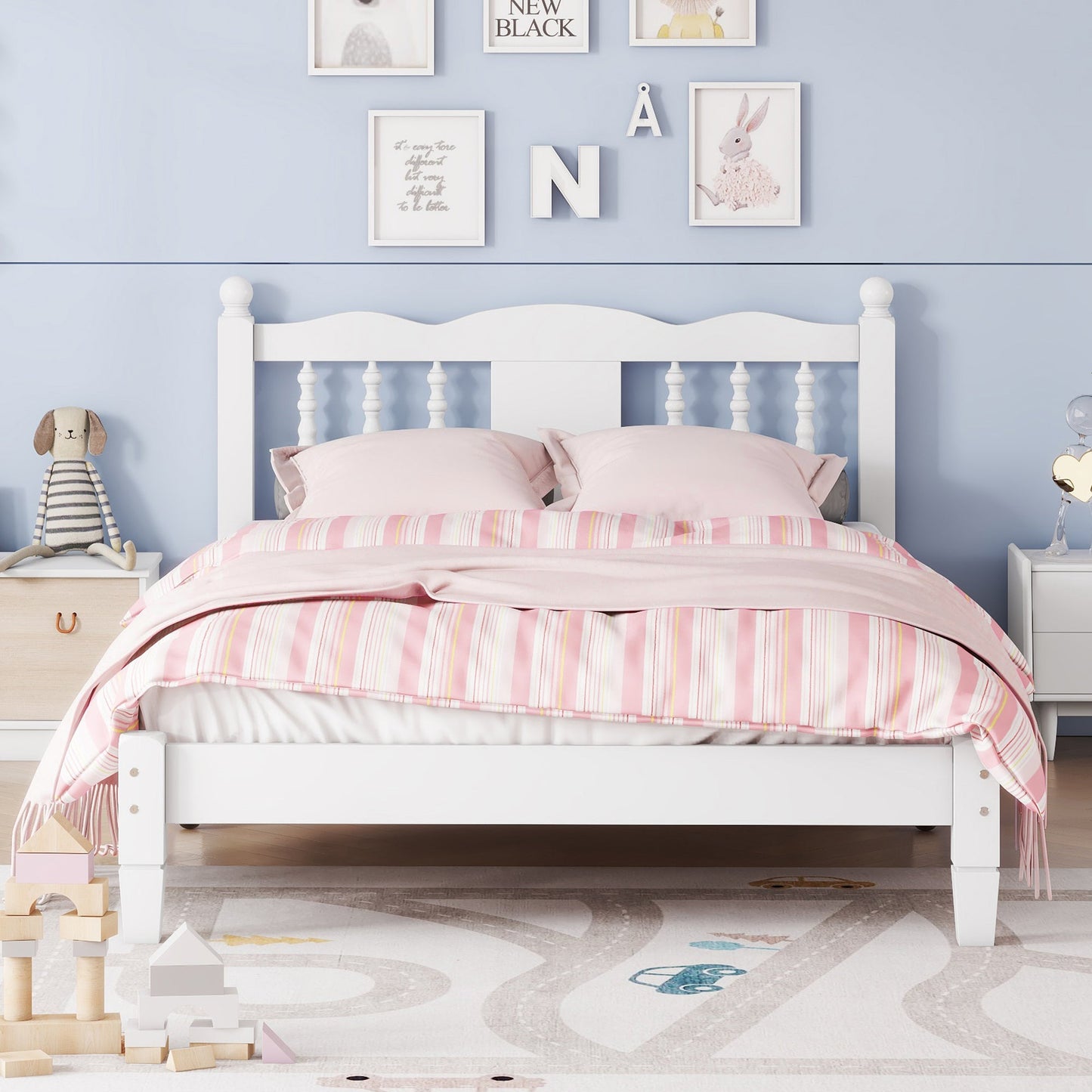 Twin Bed with Column-Decoration Headboard, with Bed Slats,White - Korvel