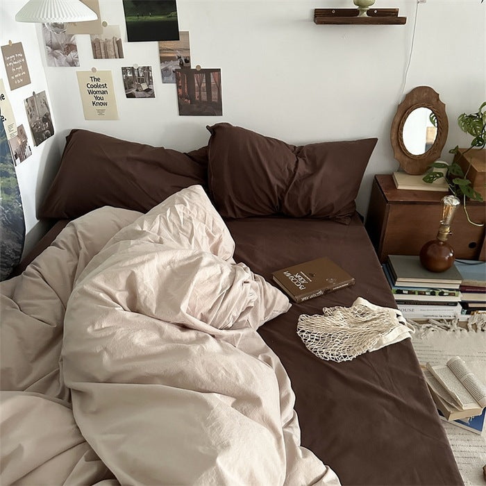Four piece set of washed cotton bed sheets and duvet covers three piece set of bedding for single student dormitories - Korvel