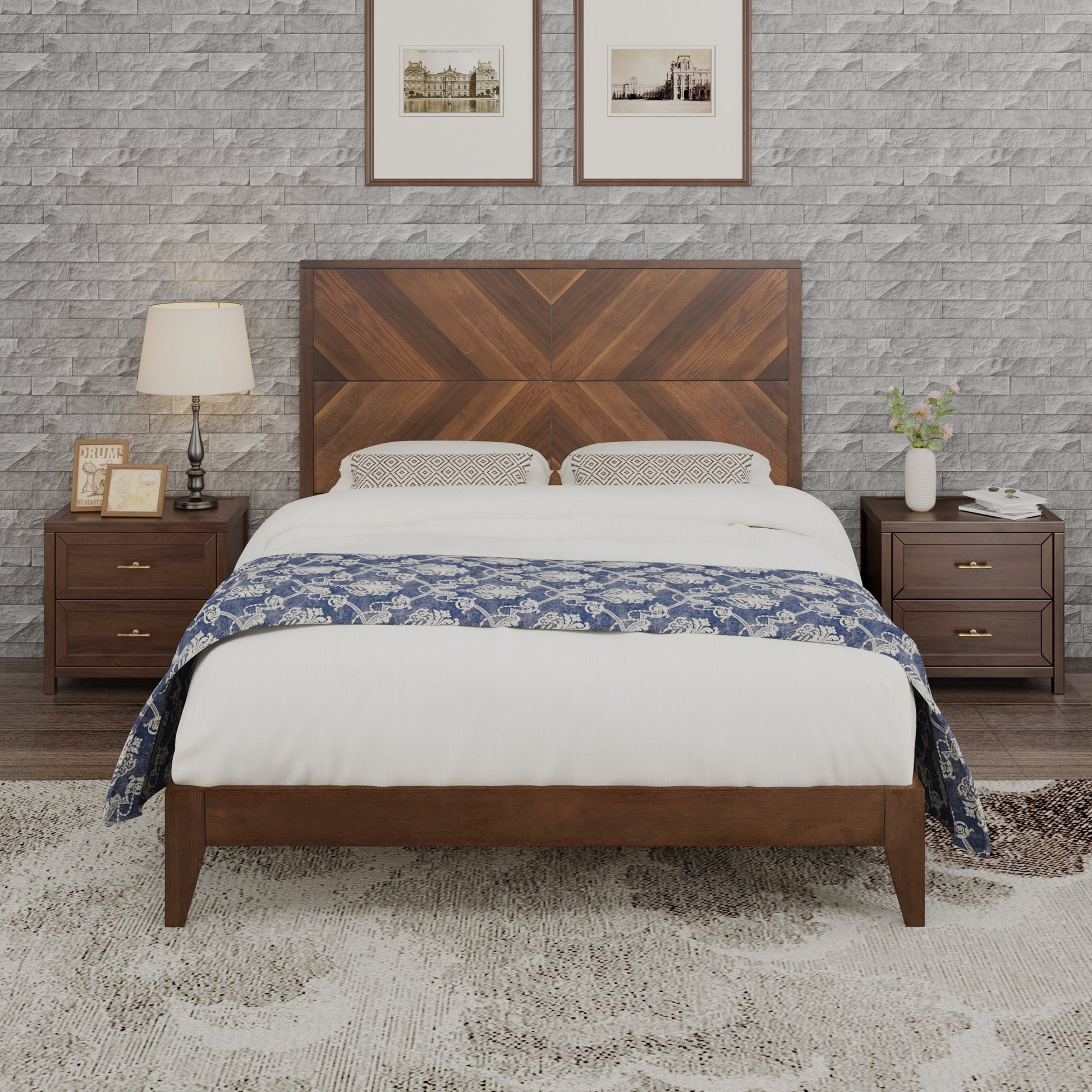 Mid-Century Modern Platform Bed Wood Slat Support with No Box Spring Needed,King Walnut - Korvel