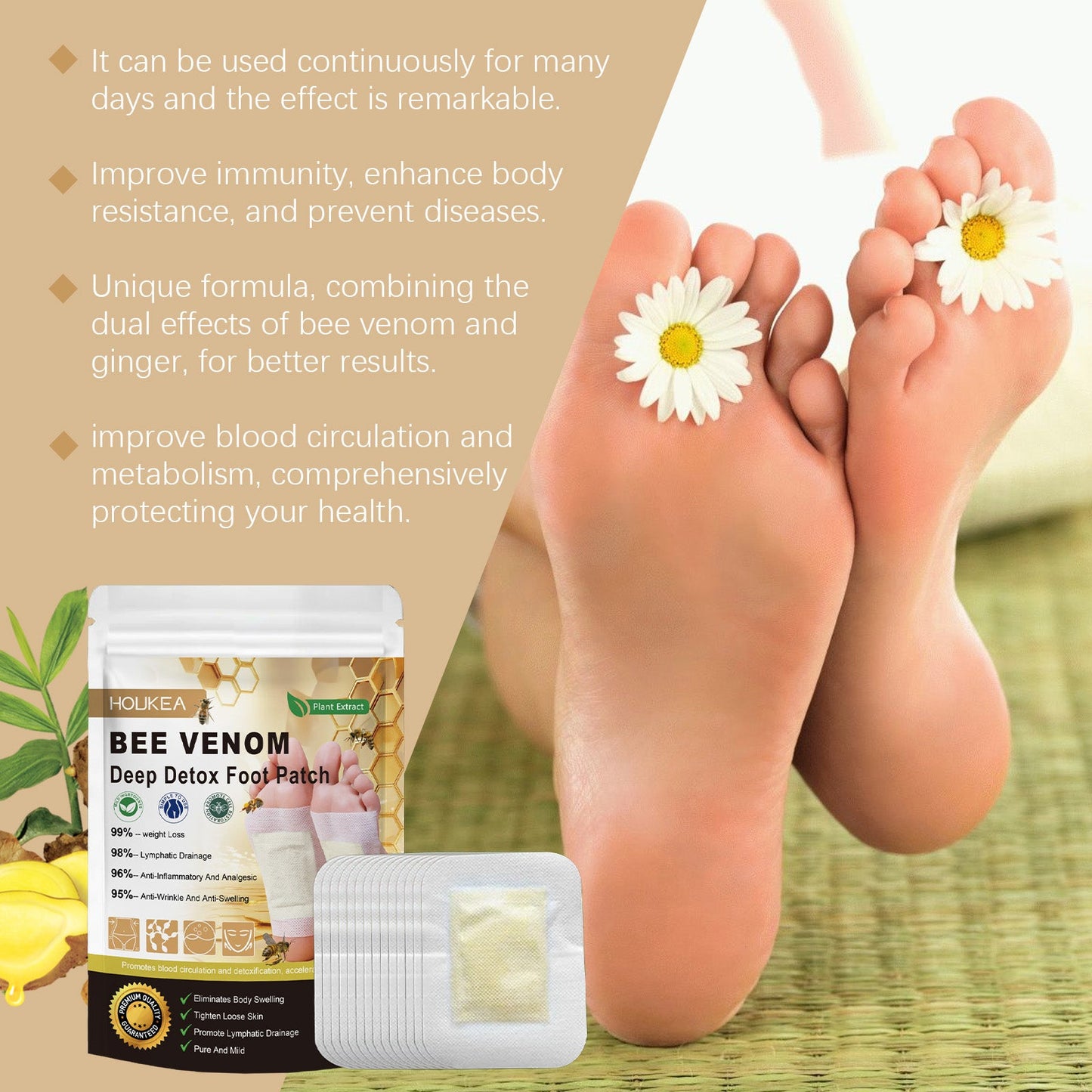 Bee Venom Herbal Cleansing Foot Patch With Ginger Essence Ingredients For Soothing Discomfort Sole Patch - Korvel