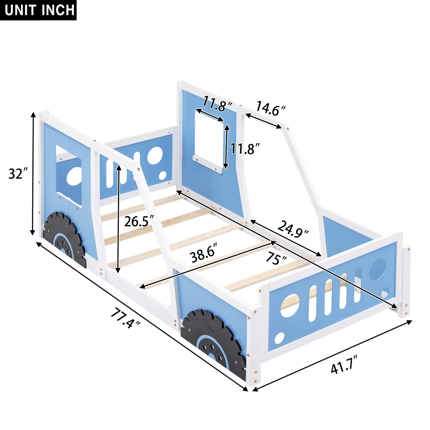 Twin Size Classic Car-Shaped Platform Bed with Wheels - Blue