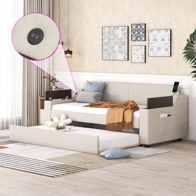 Twin Size Upholstery Daybed with Storage Arms and USB - Beige
