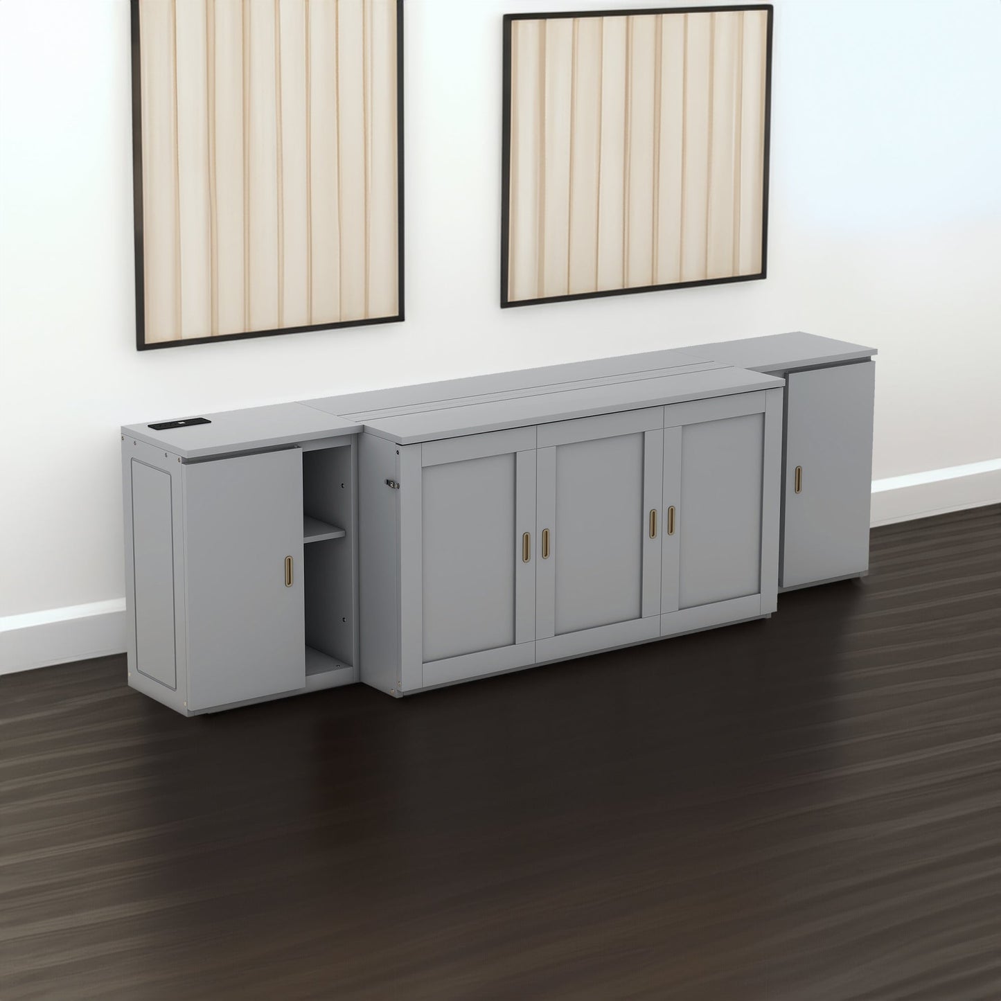 Queen Size Murphy Bed with Shelves, Cabinets and USB Ports,Gray - Korvel