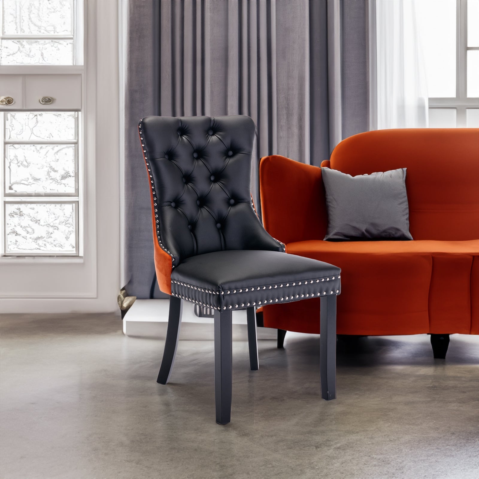 Tufted Solid Wood Contemporary PU and Velvet Upholstered Dining Chair with Wood Legs Nailhead Trim 2-Pcs Set Black+Orange - Korvel