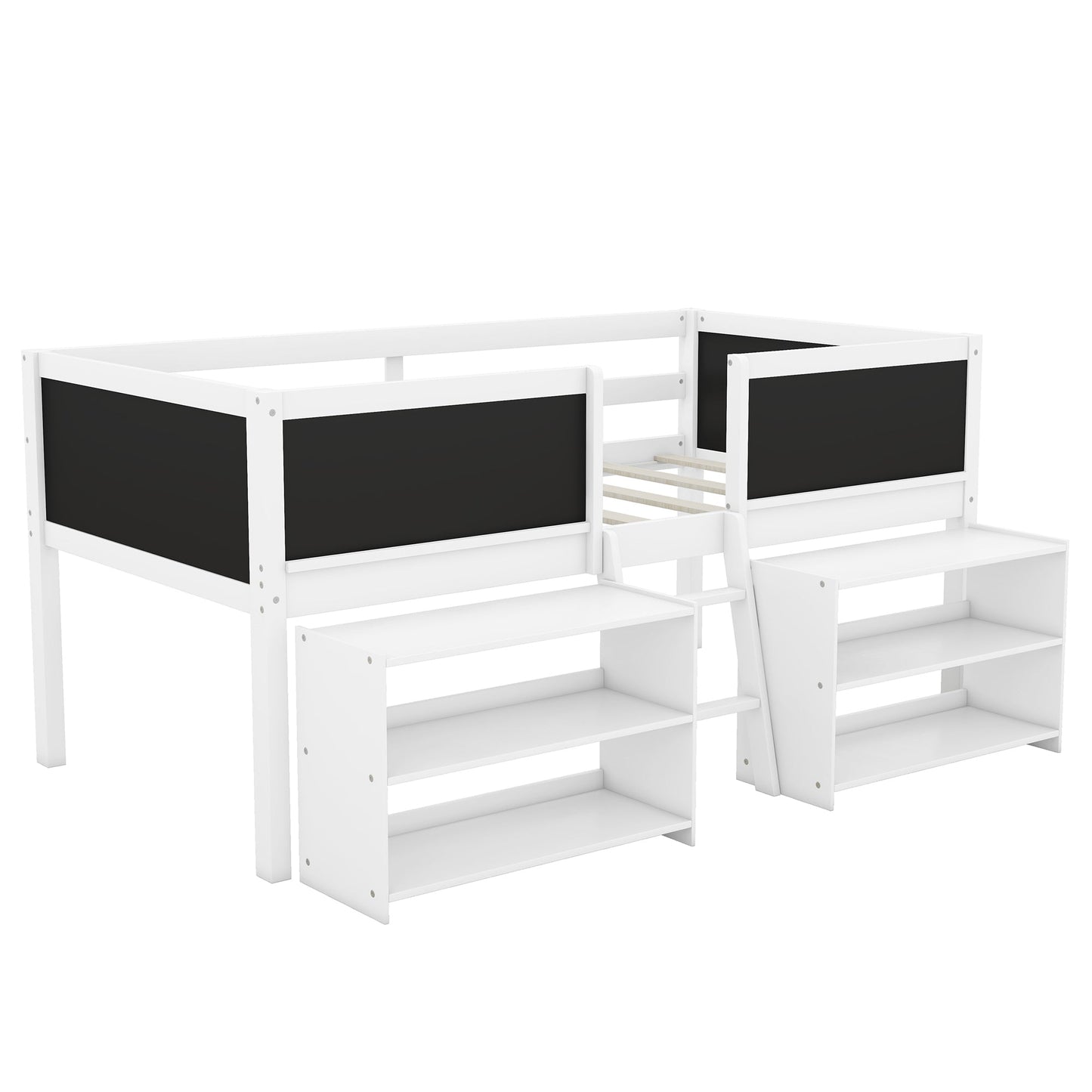 Twin Size Low Loft Bed with Two Movable Shelves and Ladder,with Decorative Guardrail Chalkboard,White - Korvel