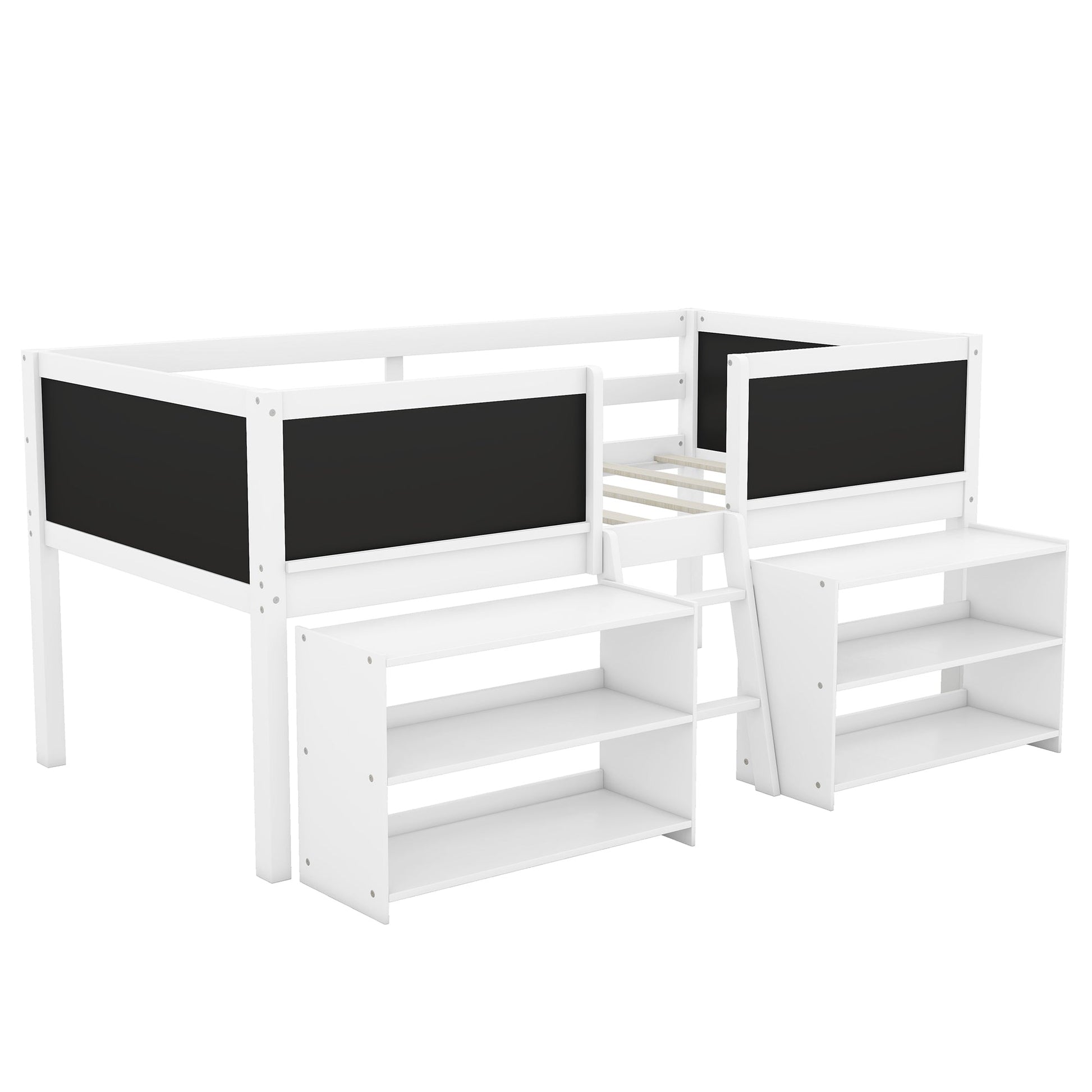 Twin Size Low Loft Bed with Two Movable Shelves and Ladder,with Decorative Guardrail Chalkboard,White - Korvel