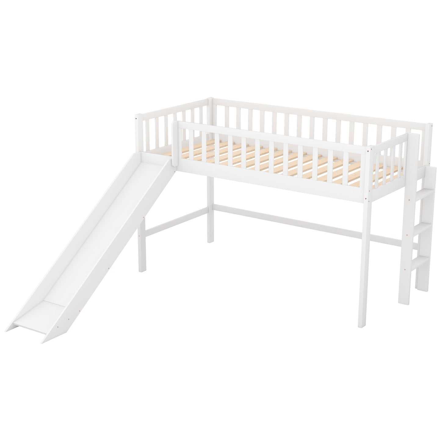 Twin Size Low Loft Bed with Ladder and Slide White - Korvel