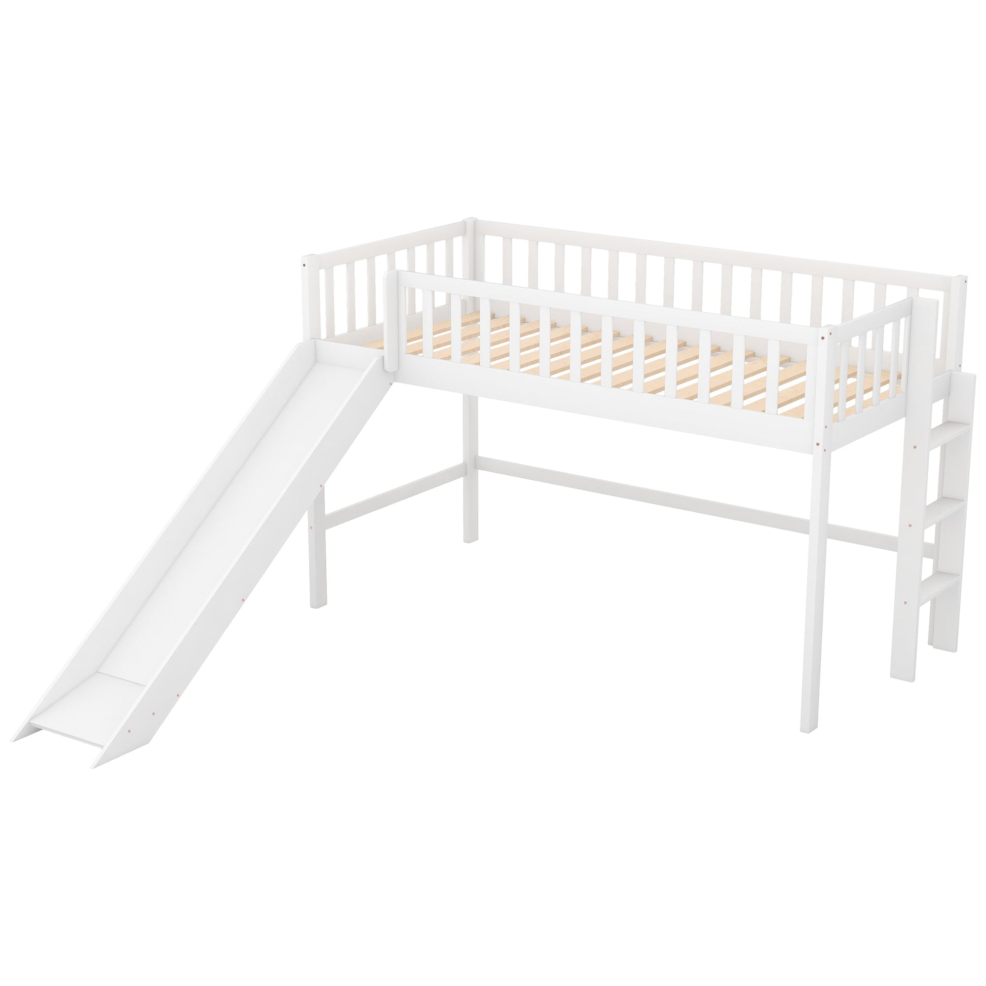 Twin Size Low Loft Bed with Ladder and Slide White - Korvel