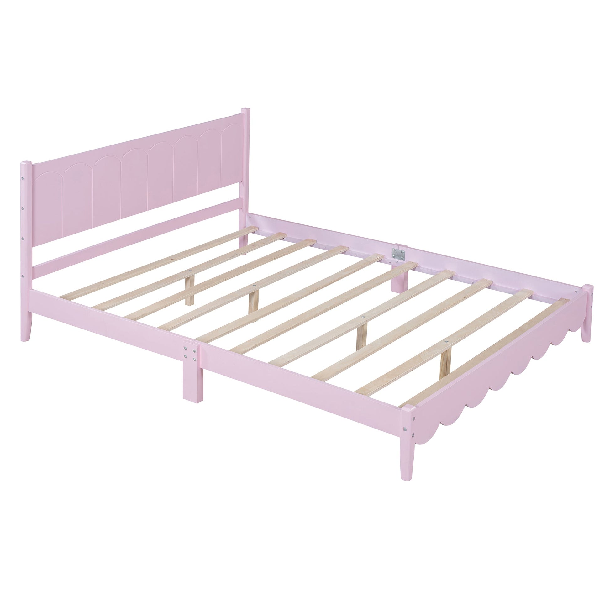 Queen Size Wood Platform Bed Frame, Retro Style Bed with Rectangular Headboard,No Need Box Spring,Pink - Korvel