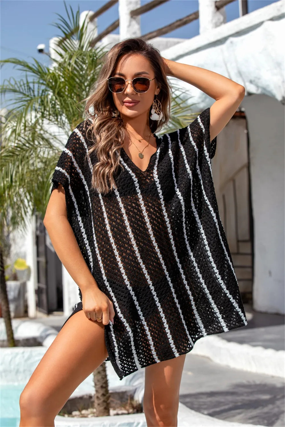 Angel Wings Openwork V-Neck Short Sleeve Cover Up - Korvel
