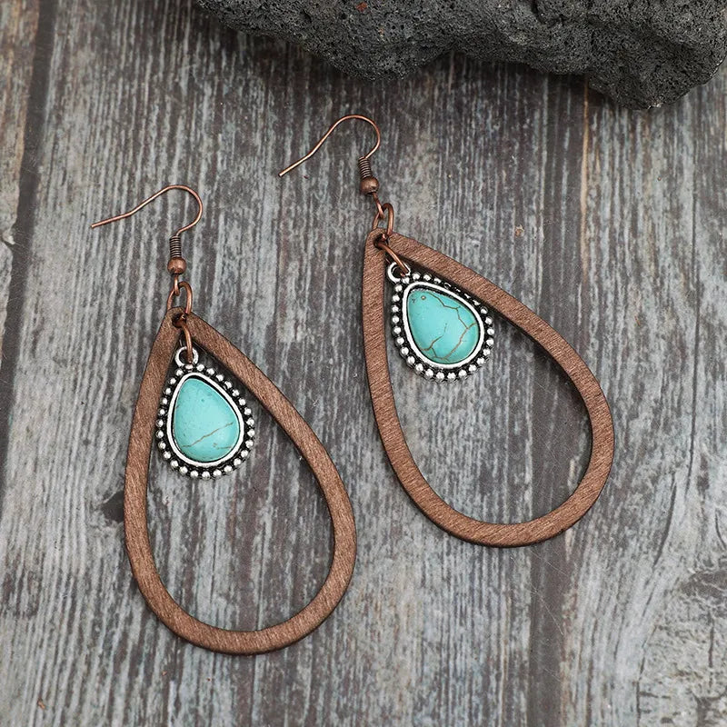 Wooden Turquoise Cutout Teardrop Earrings - Korvel
