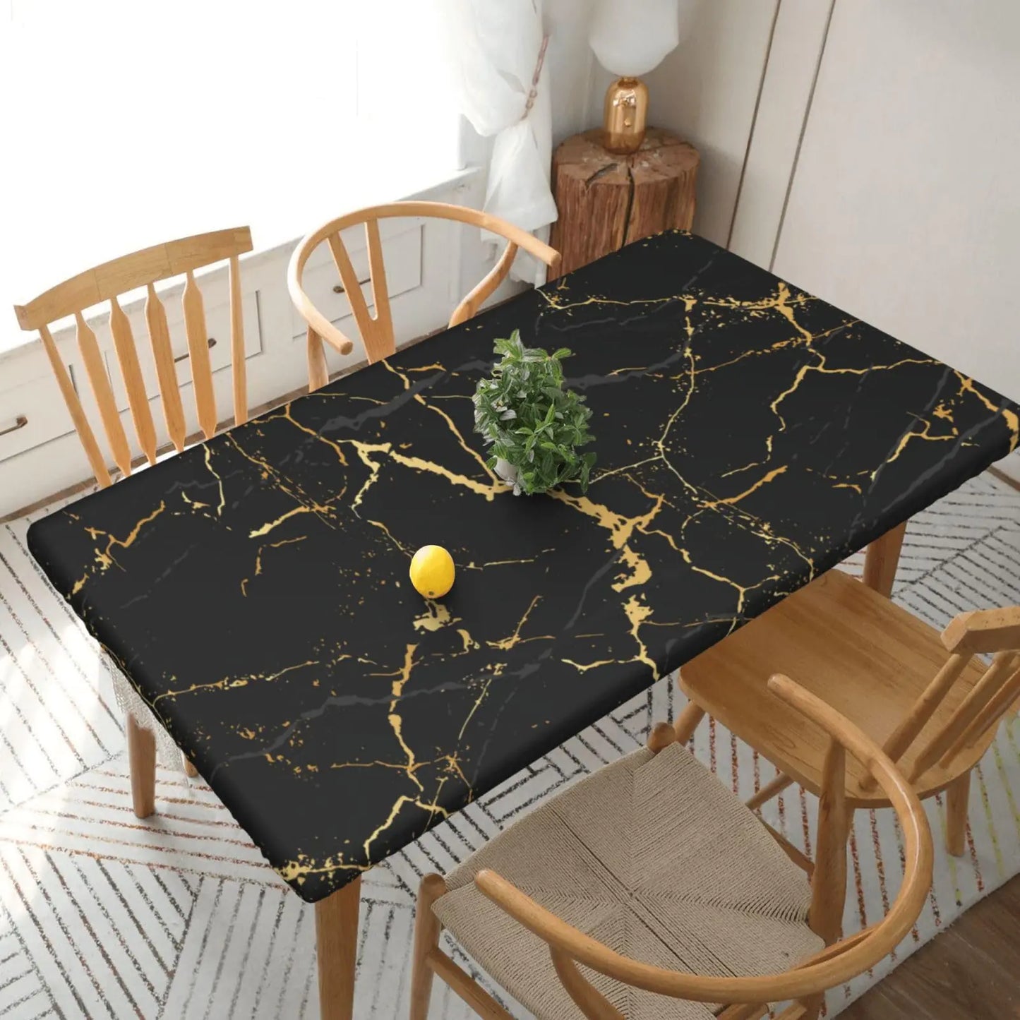 Fiokroo Black Marble Texture Tablecloth with Elastic Edge