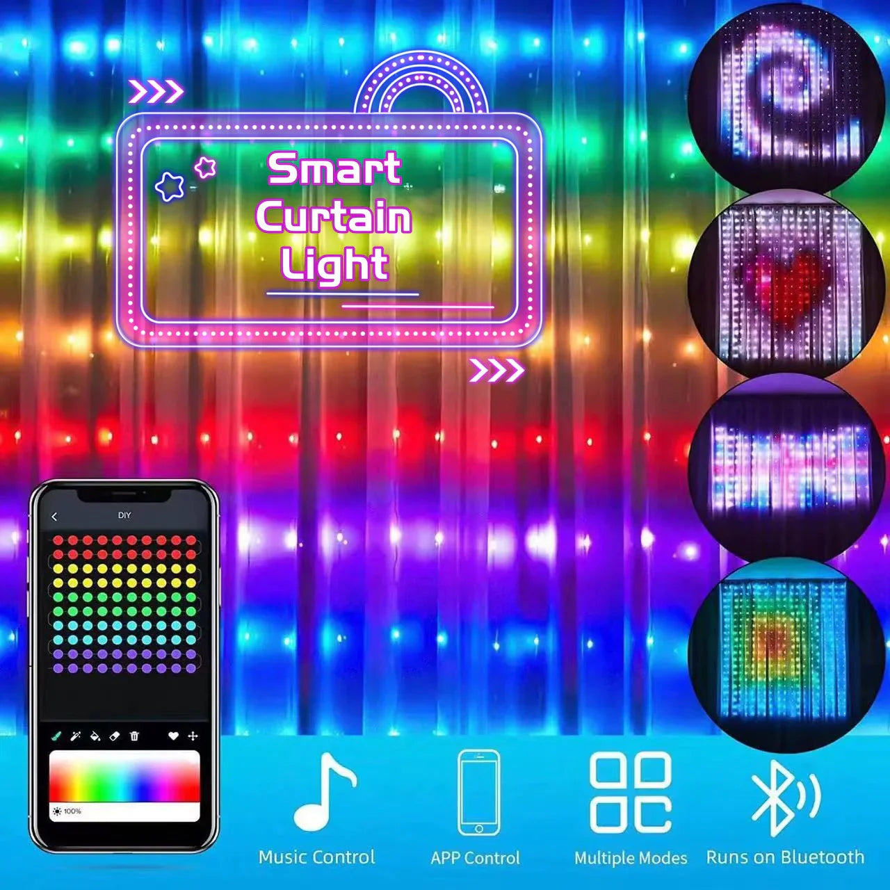 Luces de Cortina RGB Inteligentes LED Bluetooth - Guirnalda de Luces Versátil