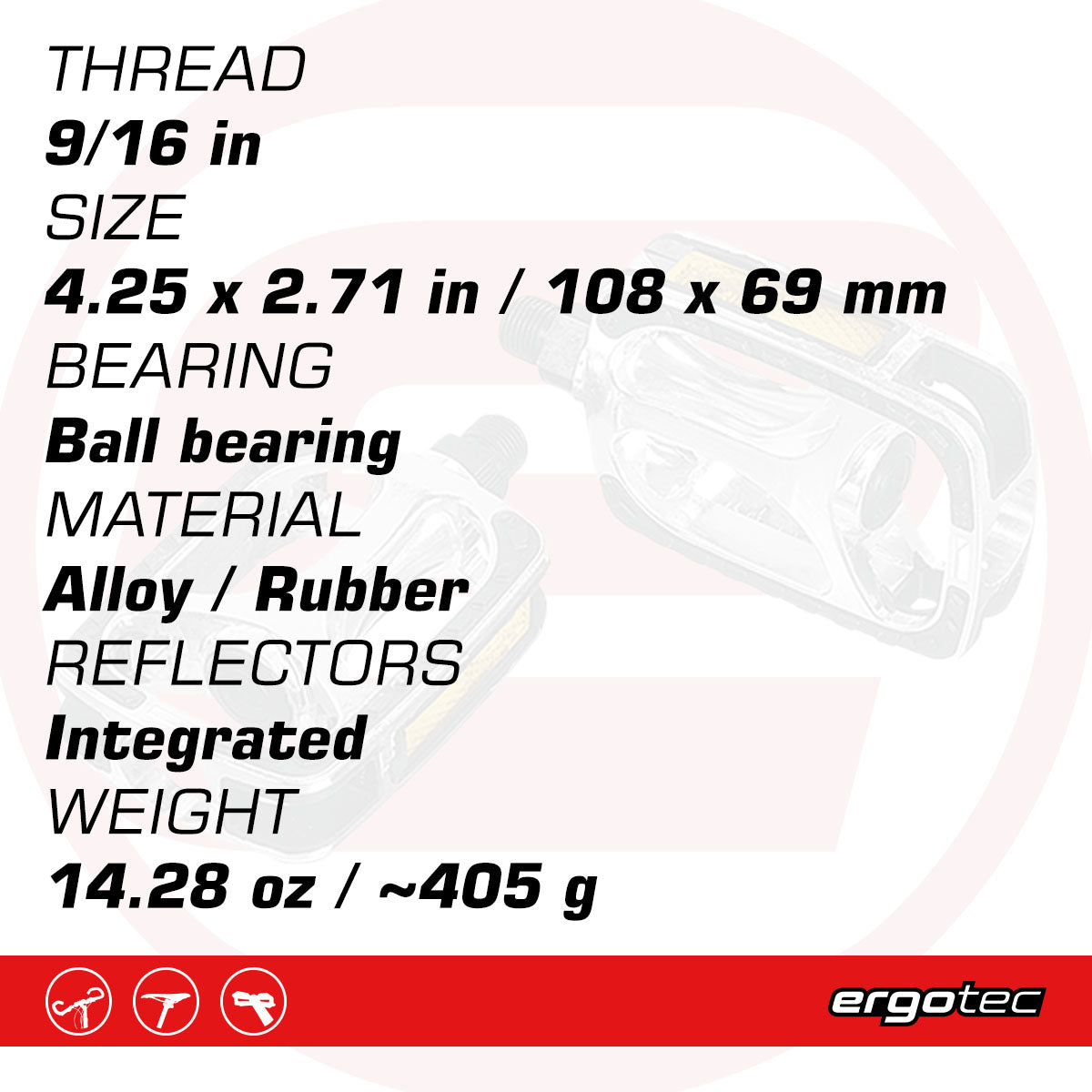 Pédales Ergotec 608 (9/16" avec Réflecteur | Argent)