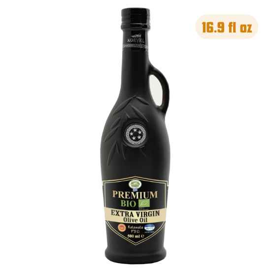 Aceite de oliva virgen extra griego KORVEL orgánico premium DOP Kalamata, ánfora negra 500 ml