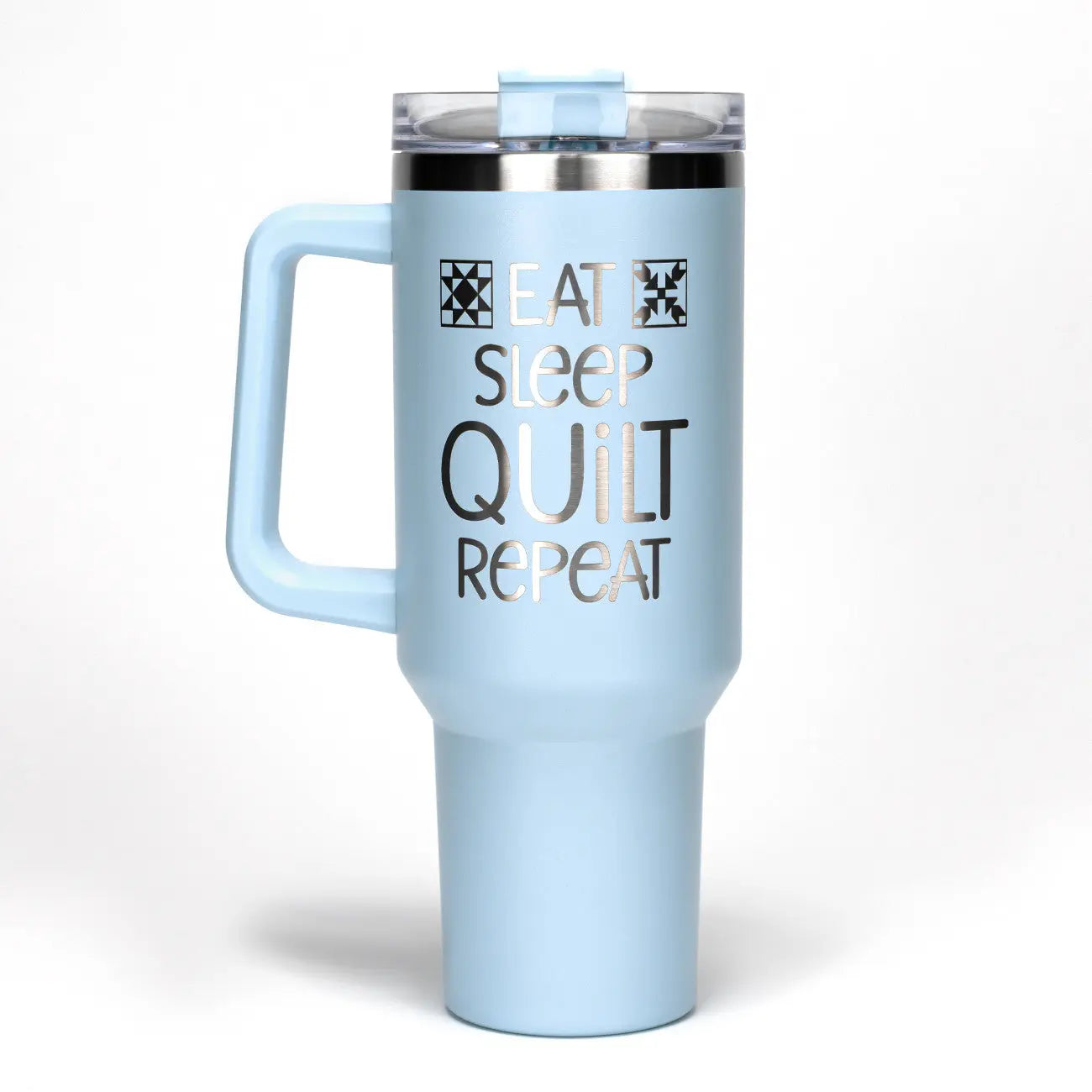 Tasse en acier inoxydable bleue Eat Sleep Quilt Repeat 40 oz