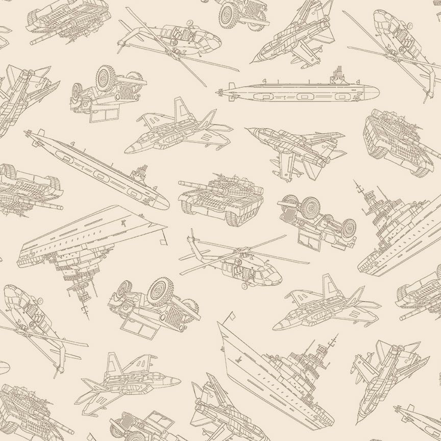 Tela de algodón Ecru Military Convoy Path to Freedom 44"/45" por yarda