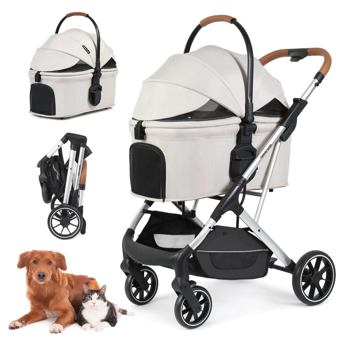 Poussette de luxe Beberoad T6 à double étage pour animaux - Beige