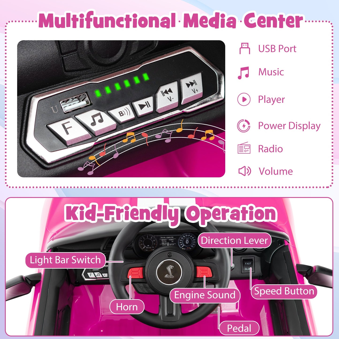 Voiture électrique pour enfants 12V Ford Mustang Shelby GT500 - Rose