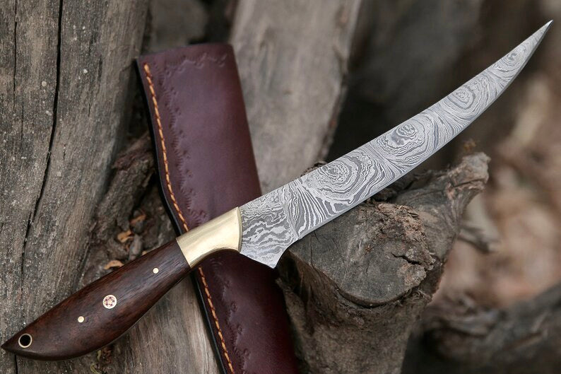 Premium Damascus Fillet Knife – 13" Rosewood Handle with Leather Sheath - Korvel