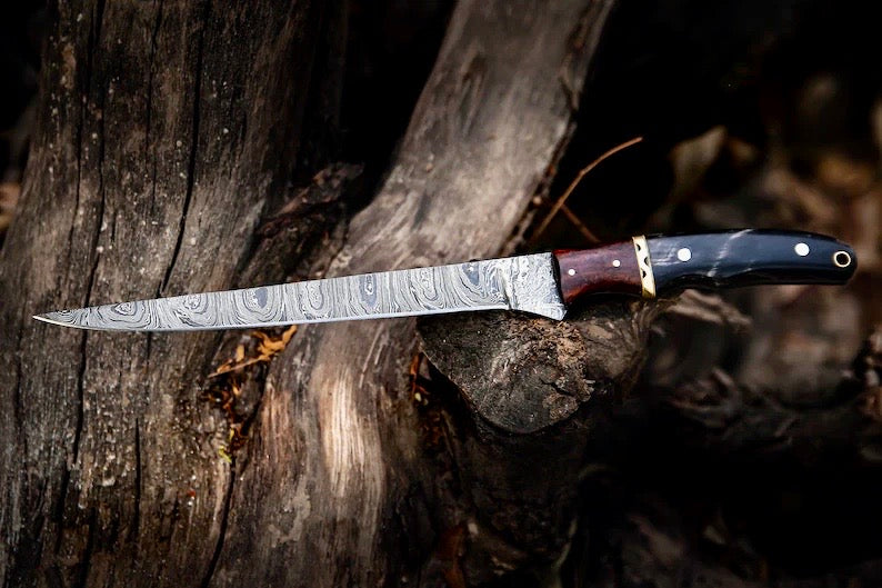 Premium 13” Handmade Damascus Fillet Knife – Buffalo Horn & Rosewood Handle with Leather Sheath - Korvel