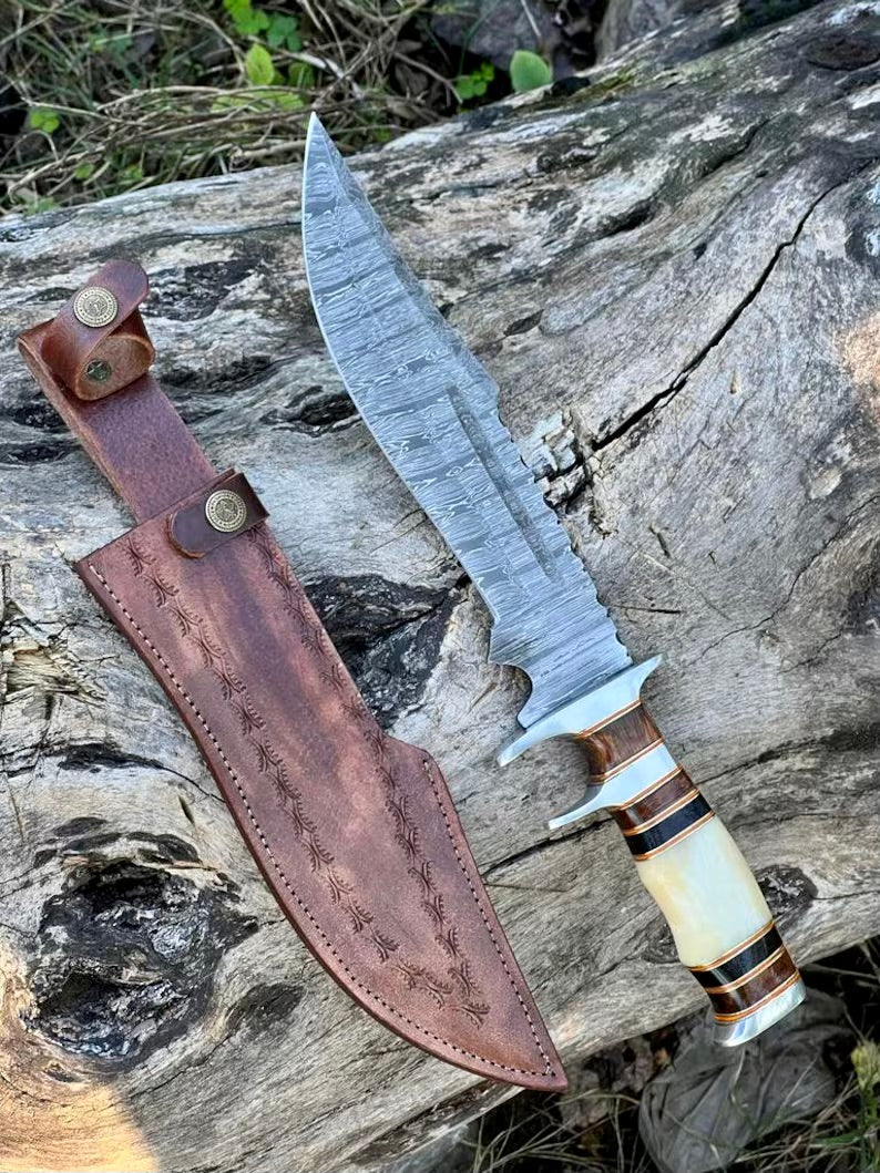 Premium 14” Damascus Steel Sub-Hilt Fighter Bowie Knife – Ideal Holiday Gift with Leather Sheath - Korvel