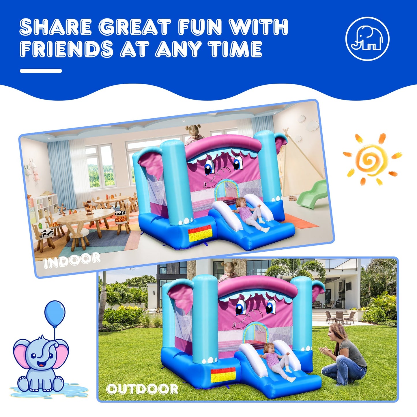3-in-1 Elephant Theme Inflatable Castle