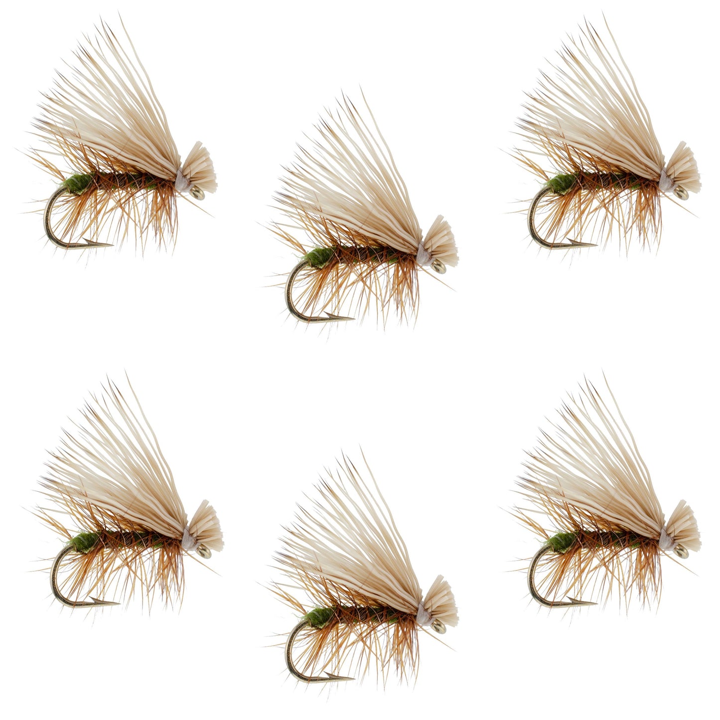 Mouches sèches classiques Olive Elk Hair Caddis pour truites - Ensemble de 6 mouches taille 12