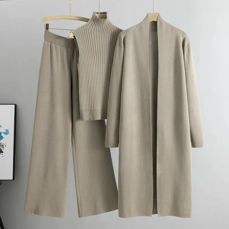 Conjunto de punto de 3 piezas para mujer: chaleco, cárdigan y pantalones de pierna ancha