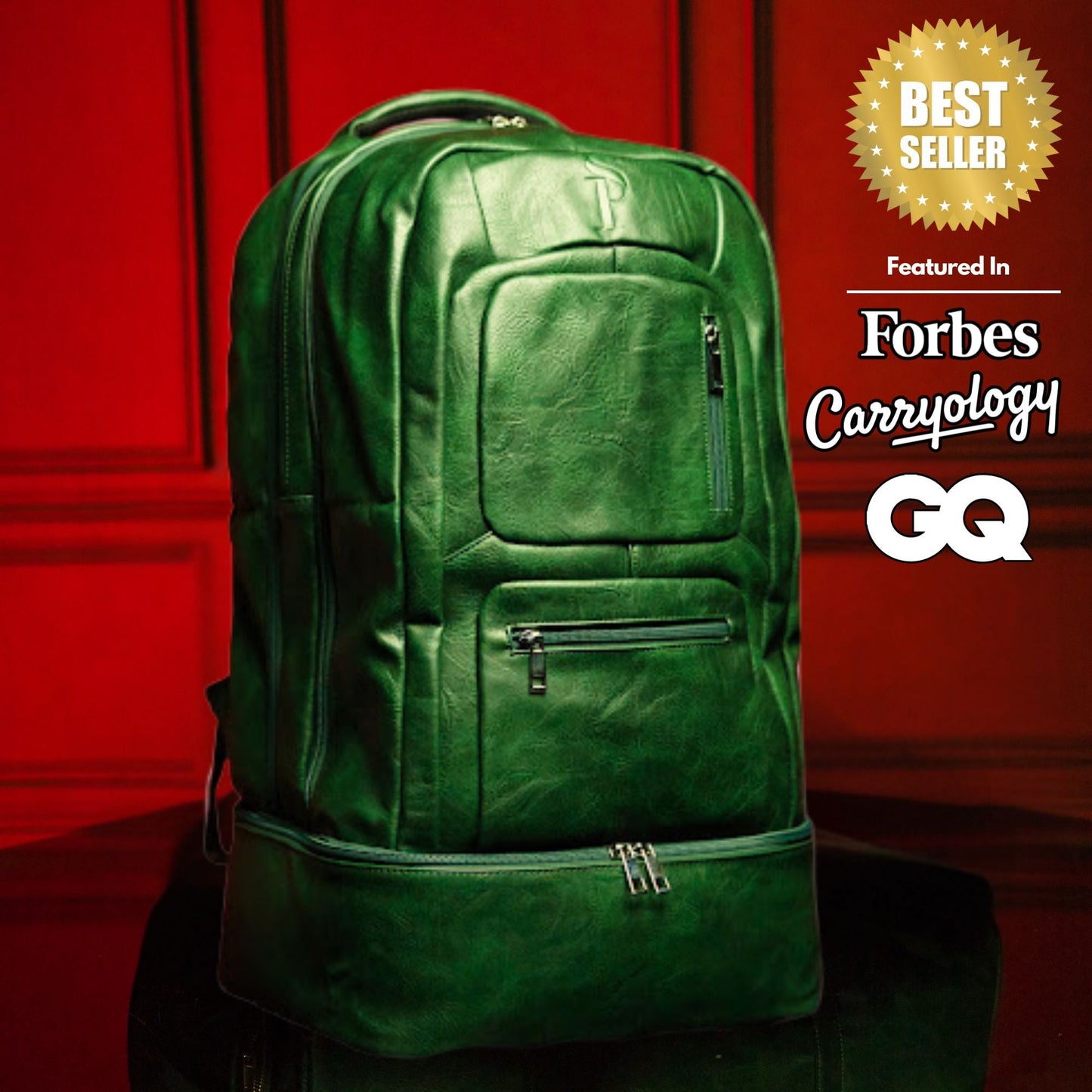 Sleek Emerald Green Leather Travel Backpack with Patented Design